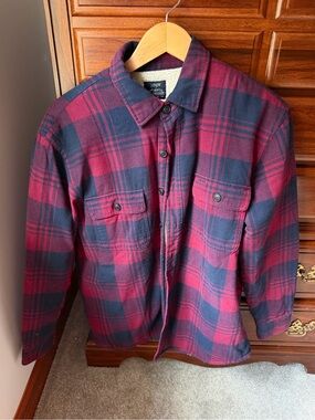 J. Crew Factory Red and Navy Plaid Lightweight Shirt Jacket
